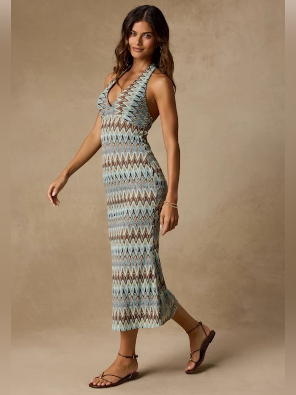 New! Lulus Majesty Turquoise and Brown Crochet Halter Midi Dress